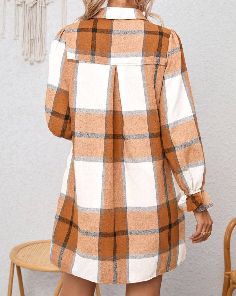 Plaid Puff Sleeve Shirt Dress: Khaki / 65%Polyester+35%Cotton /