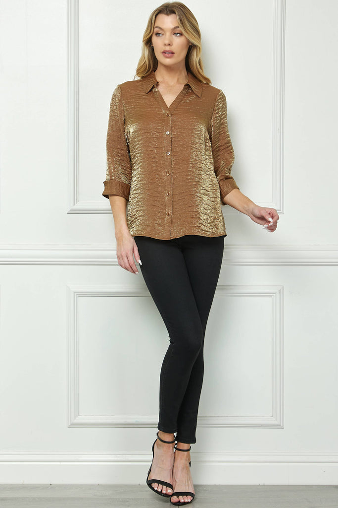 STARLIGHT SHIMMER JOHNNY COLLAR BLOUSE: Black/Silver / S