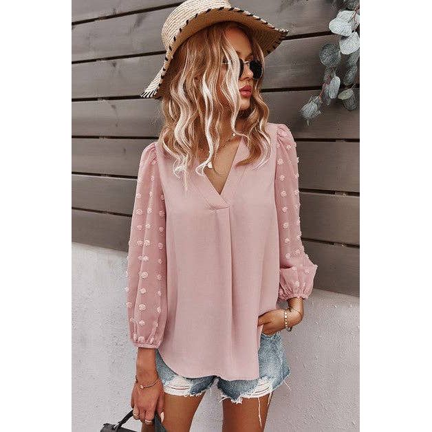 V Neck Solid Long Sleeve Top - Clearance: WHITE / M