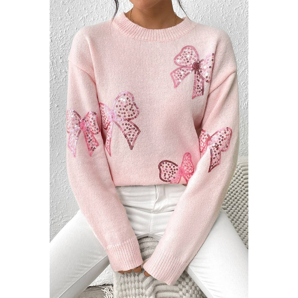 Knit Sequin Bow Round Neck Loose Fit Sweater: PINK / XL