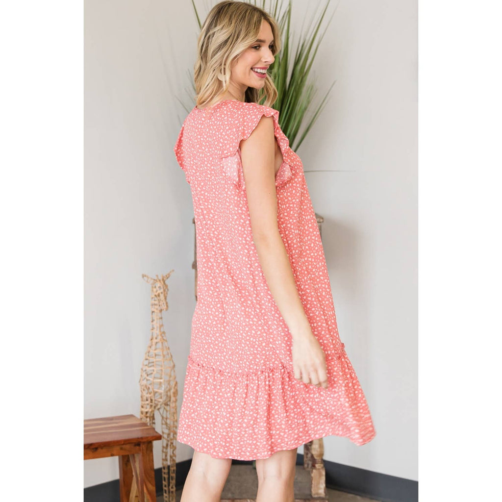 Vintage Ditsy Print Flutter V-Neck Dress-Coral: Coral SMALL