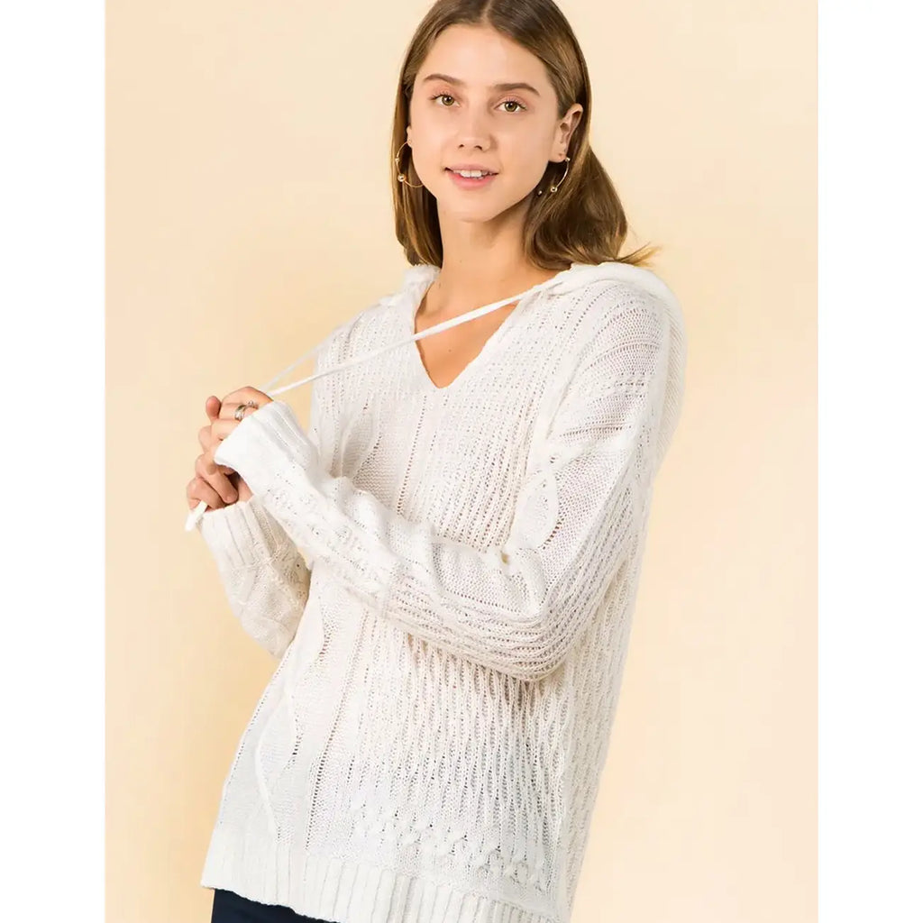 MIXED CABLE SWEATER WITH SHERPA HOODIE MFS-341B: Ivory/Ivory Sherpa / S
