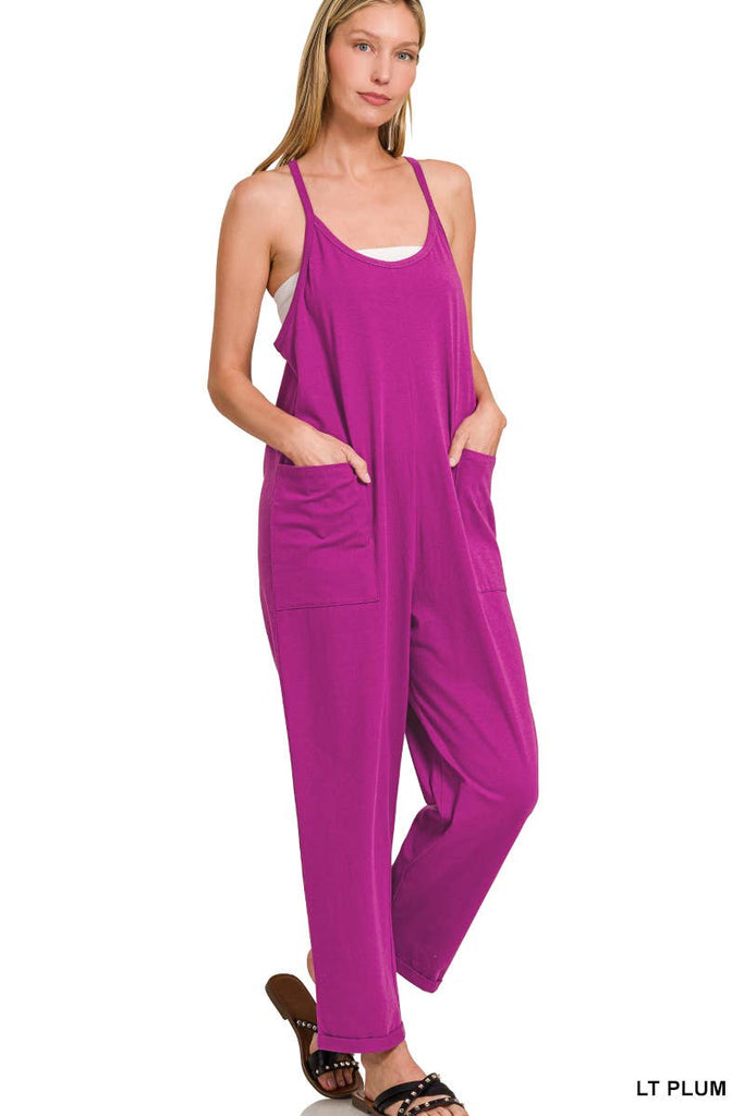 `",,,,...._ Spaghetti Strap Pocketed Cotton Jumpsuit: H LT TEAL-178587 / L/XL