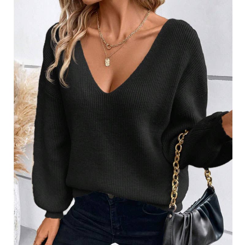 Back Tie Detail V-Neck Sweater: Khaki / M