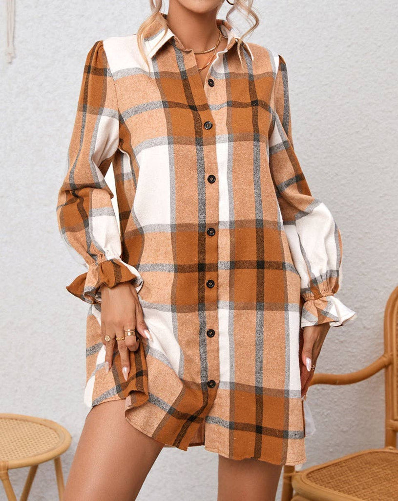 Plaid Puff Sleeve Shirt Dress: Khaki / 65%Polyester+35%Cotton /