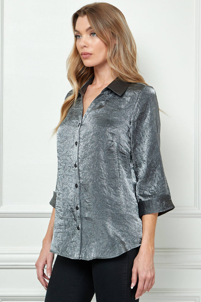 STARLIGHT SHIMMER JOHNNY COLLAR BLOUSE: Black/Silver / S
