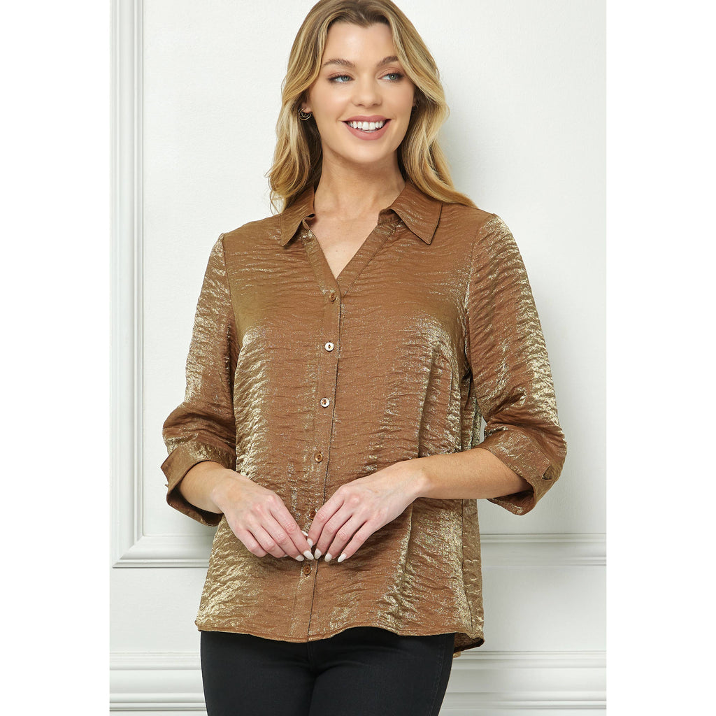 STARLIGHT SHIMMER JOHNNY COLLAR BLOUSE: Black/Silver / S