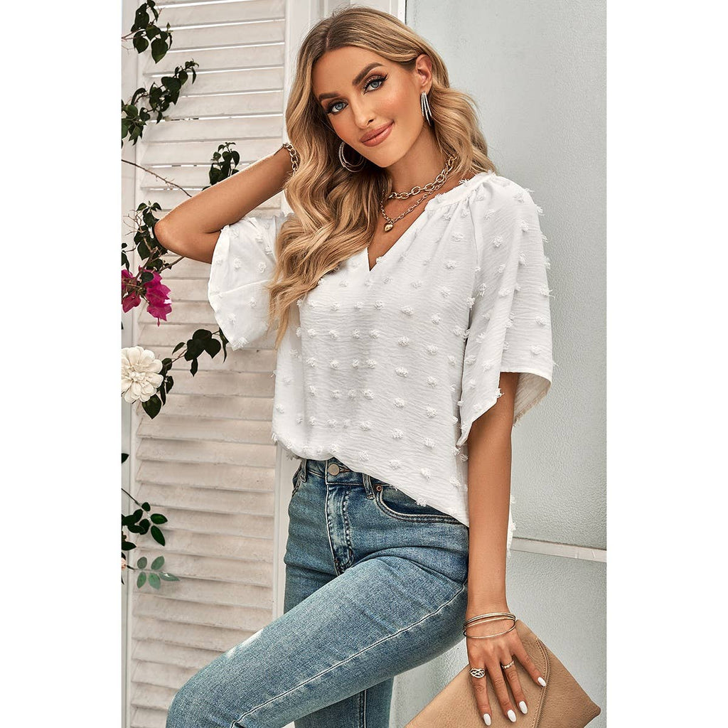 Solid Polk Dot V Neck Loose Fit Top: BEIGE / S