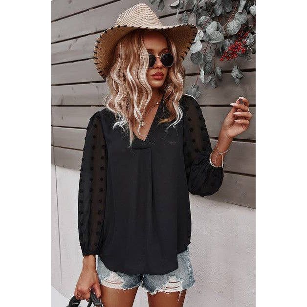 V Neck Solid Long Sleeve Top - Clearance: WHITE / M