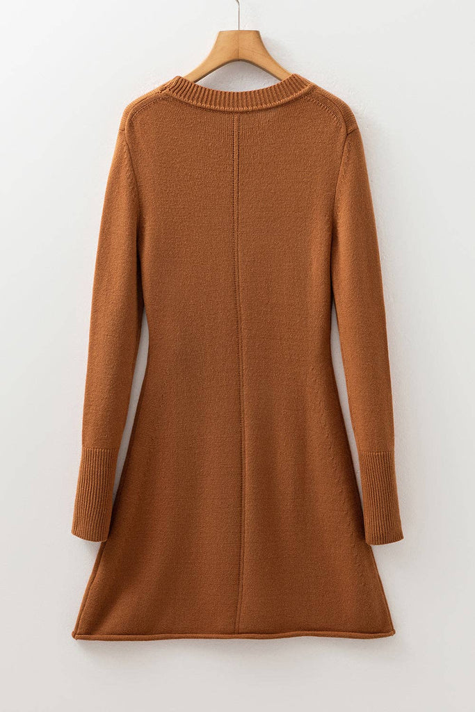 Solid Ribbed Trim Sweater Mini Dress: Straw Yellow /