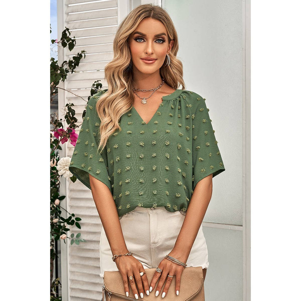 Solid Polk Dot V Neck Loose Fit Top: BEIGE / S