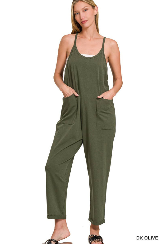 `",,,,...._ Spaghetti Strap Pocketed Cotton Jumpsuit: H LT TEAL-178587 / L/XL