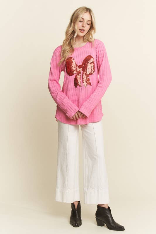 ET7809-10 LONG SLEEVE SOLID RIB TOP WITH RIBBON PATCH: NATURAL / 2-2-2 (S-M-L)