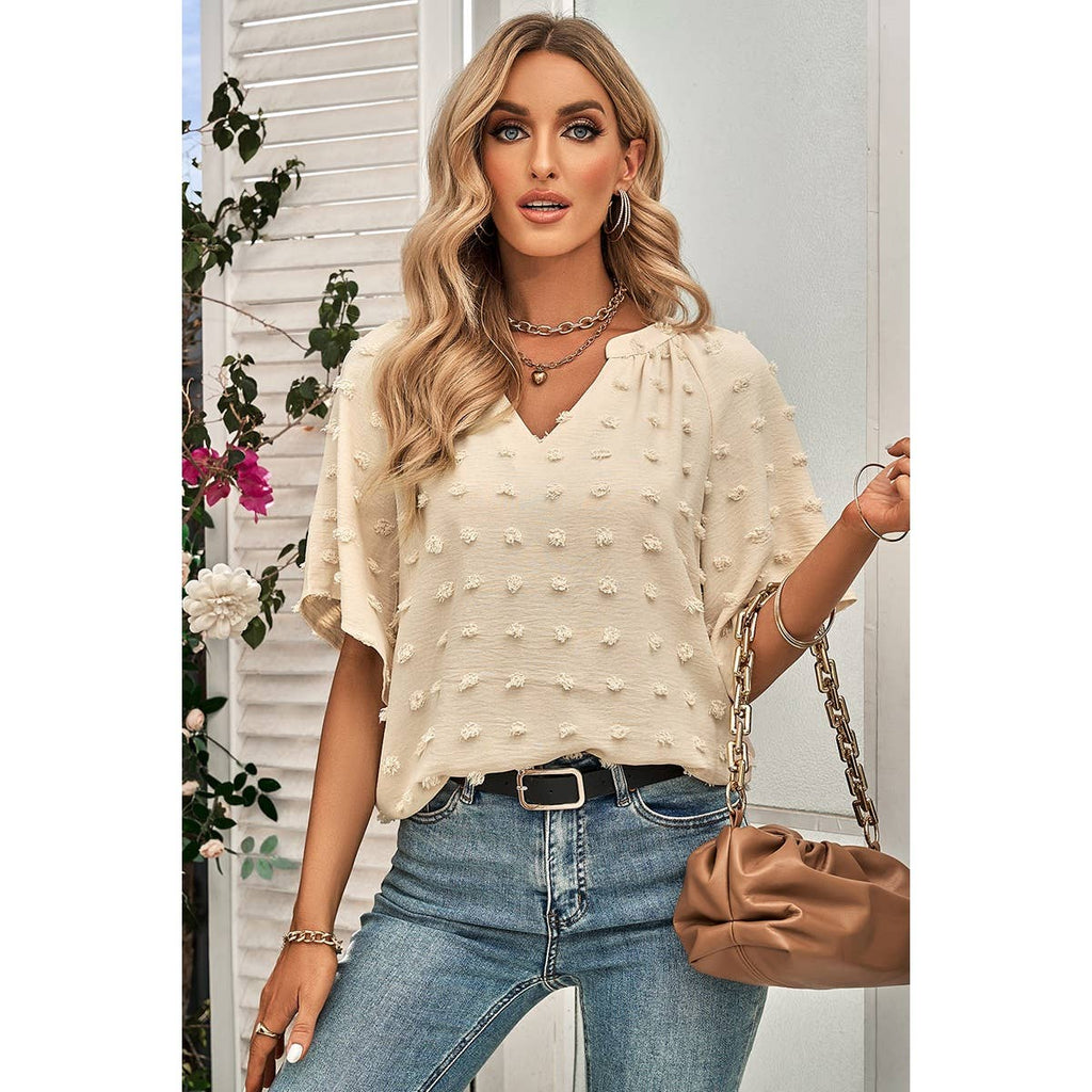 Solid Polk Dot V Neck Loose Fit Top: BEIGE / S