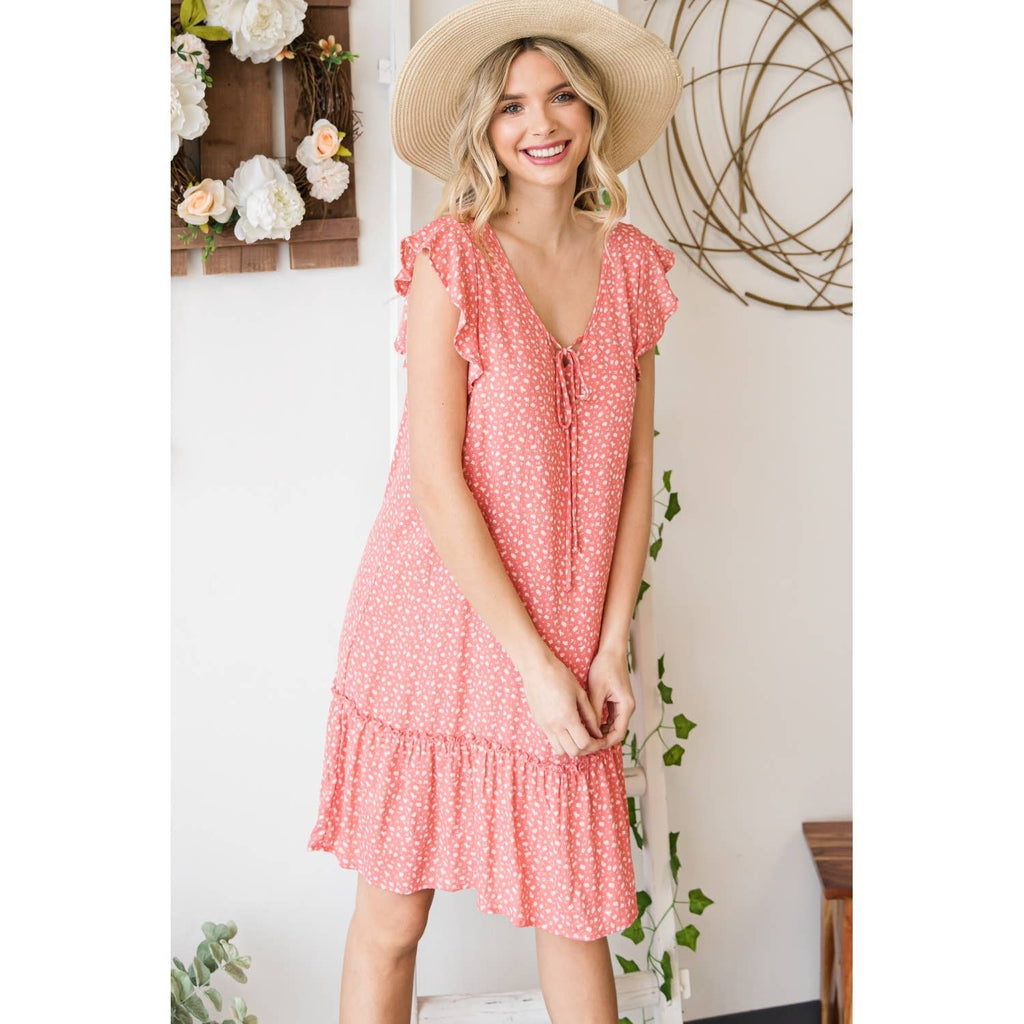 Vintage Ditsy Print Flutter V-Neck Dress-Coral: Coral SMALL