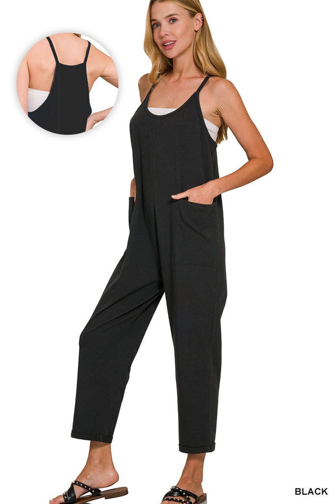 `",,,,...._ Spaghetti Strap Pocketed Cotton Jumpsuit: H LT TEAL-178587 / L/XL