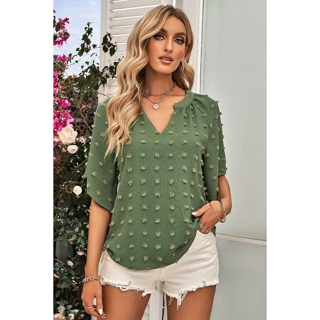 Solid Polk Dot V Neck Loose Fit Top: BEIGE / S