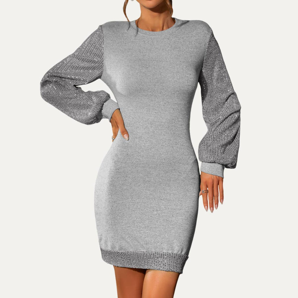 Shinny Grey Sequin Round Neck Long Sleeve Knit Mini Dress: Grey / S