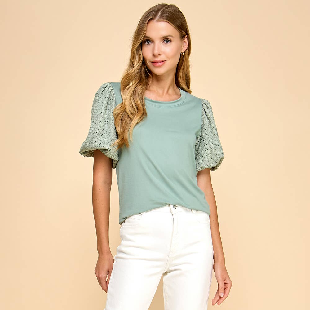 Solid Top with Contrast Puffed Sleeves: Ivory / S