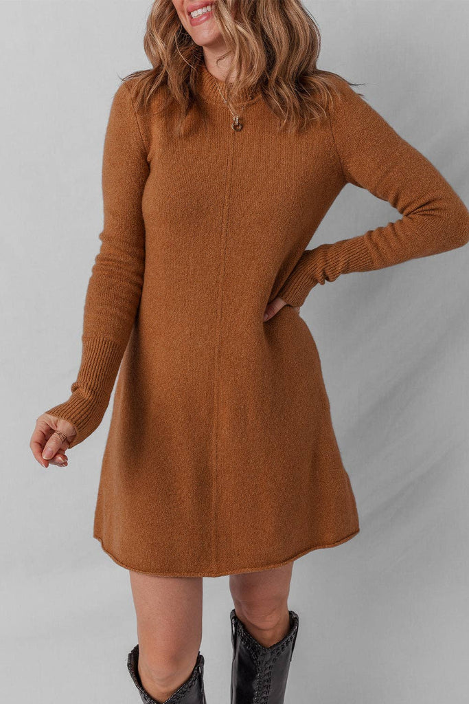 Solid Ribbed Trim Sweater Mini Dress: Straw Yellow /