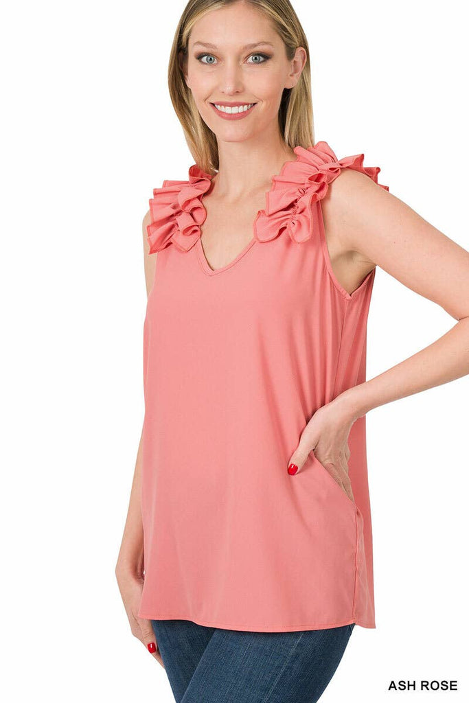 ",,,,,...RUFFLE TRIM SLEEVELESS TOP: ASH MOCHA-118024 / L