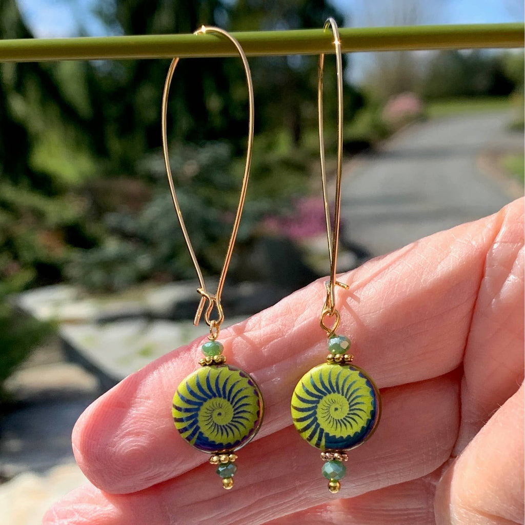 Long Loop Gold Earrings- Green Iris