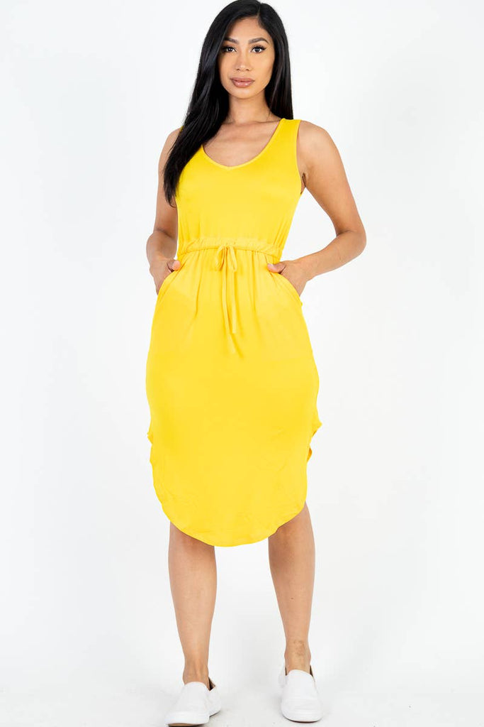 Drawstring Sleeveless Midi Dress: S