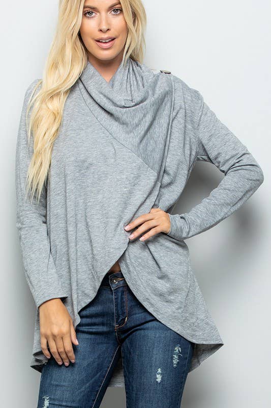 SJ1348S SOLID OPEN CARDIGAN WITH DRAPED AND BUTTON: CHARCOAL / 2-2-2(S-M-L)