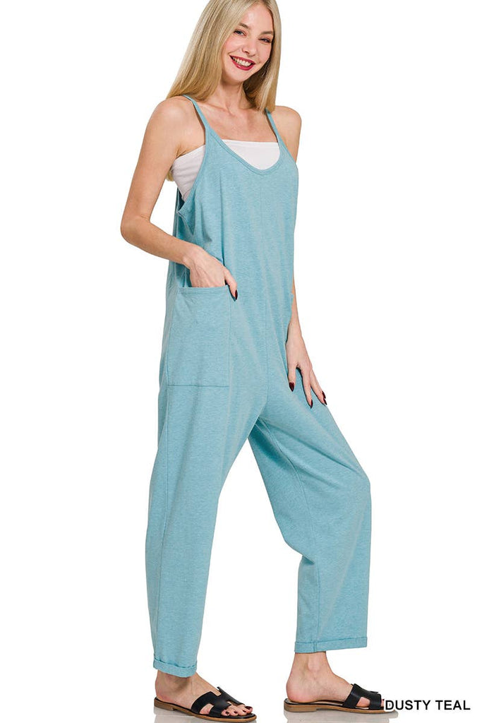 `",,,,...._ Spaghetti Strap Pocketed Cotton Jumpsuit: H LT TEAL-178587 / L/XL