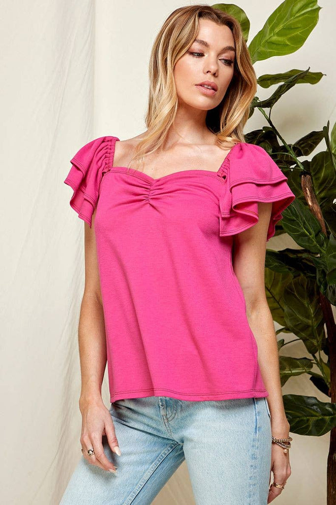 SPT5109 - WOMEN SWEETHEART NECKLINE DOUBLE RUFFLED SLV TOP: FUCHSIA / M
