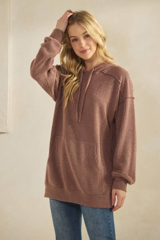 ET7964-10 LONG SLEEVE BRUSHED URBAN RIB HOODIE TOP: ROSE / 2-2-2 (S-M-L)