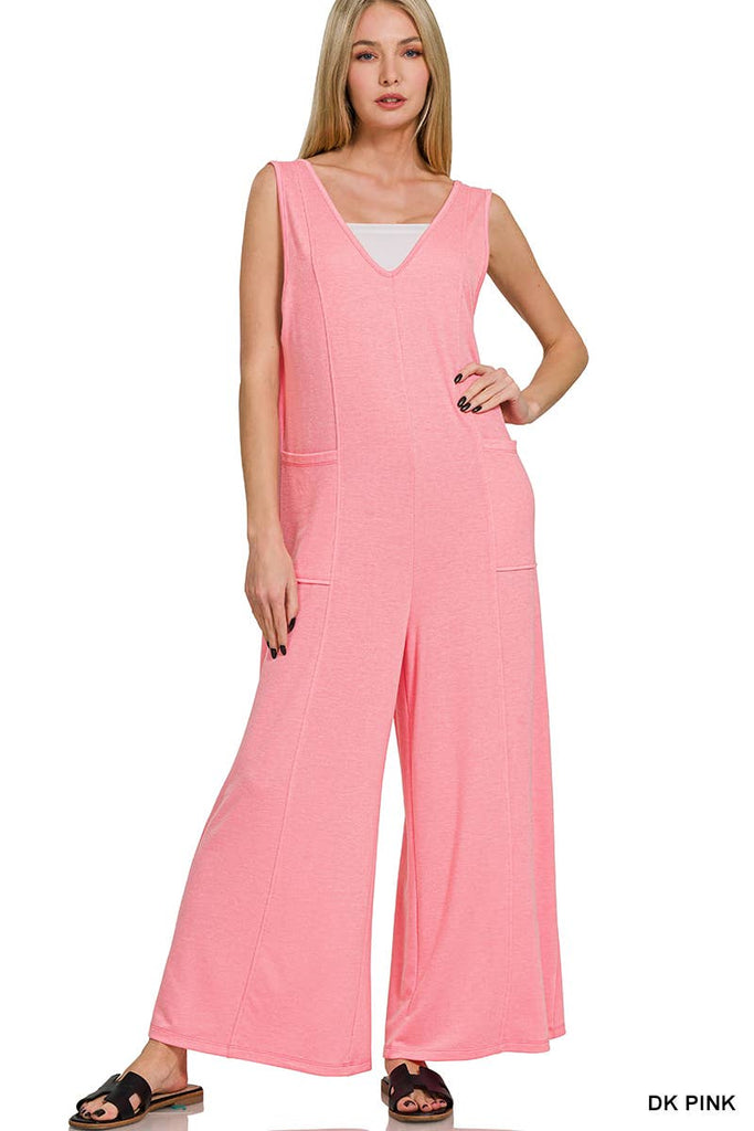 ..SI-27445 French Terry Deep V Neck Jumpsuit w/ Pockets: DK PINK-178569 / L
