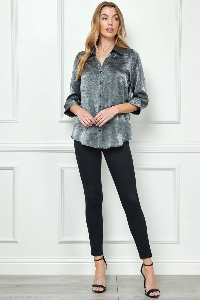 STARLIGHT SHIMMER JOHNNY COLLAR BLOUSE: Black/Silver / S