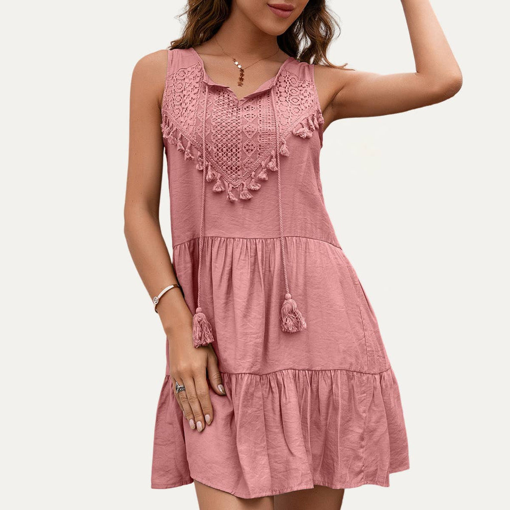 Delicate Boho-Style Embroidered Lace Fringe Mini Dress: KHAKI / S