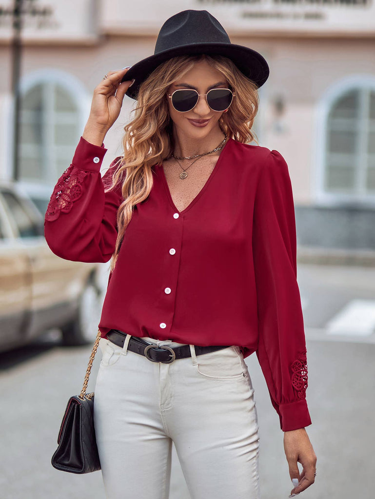 Lace Detail V Neck Button Down Blouse SZ2-TP54399: Green / S