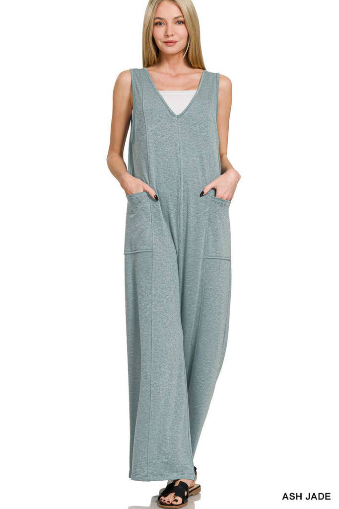 ..SI-27445 French Terry Deep V Neck Jumpsuit w/ Pockets: DK PINK-178569 / L