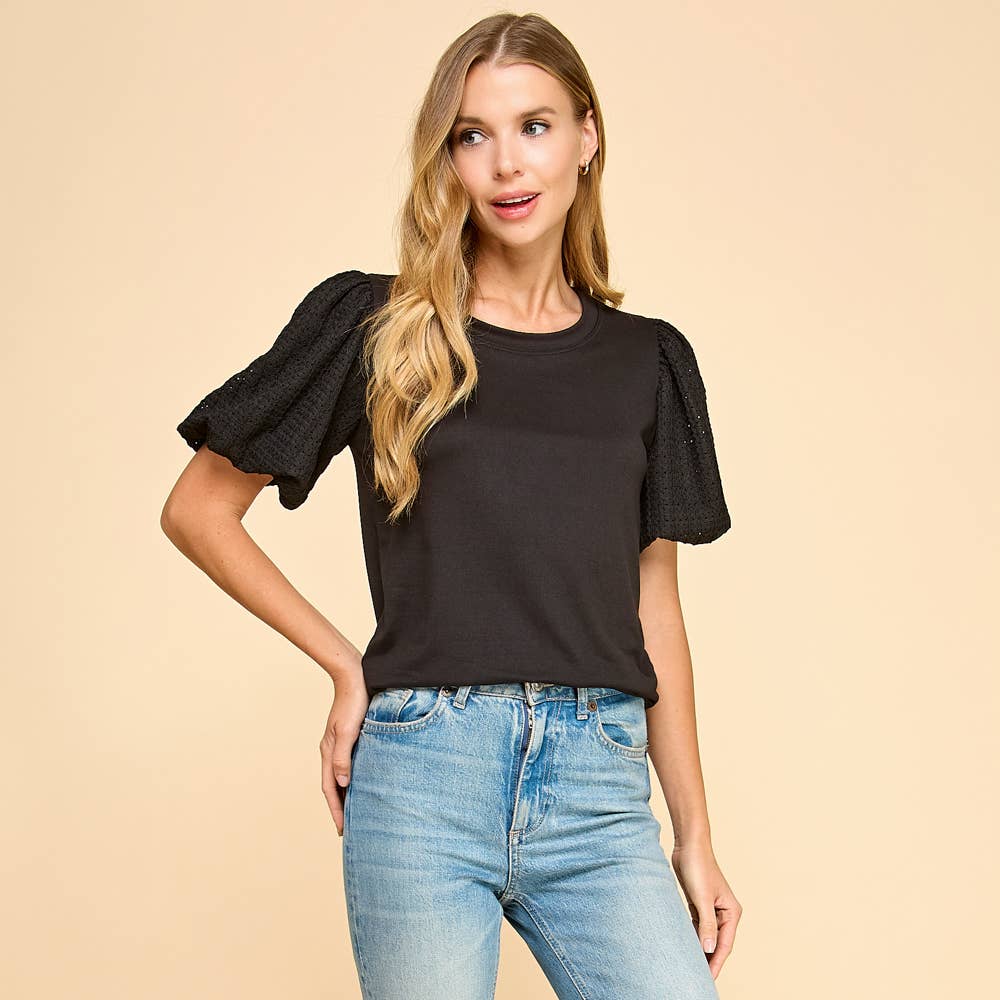 Solid Top with Contrast Puffed Sleeves: Ivory / S
