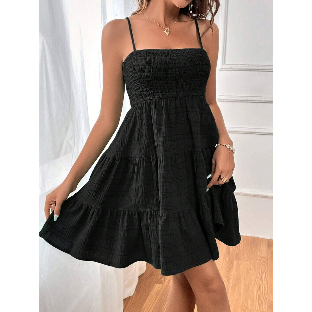 Plain Smocked A-line Slip Dress For Summer: Light Blue / S