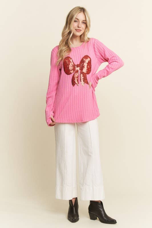 ET7809-10 LONG SLEEVE SOLID RIB TOP WITH RIBBON PATCH: NATURAL / 2-2-2 (S-M-L)