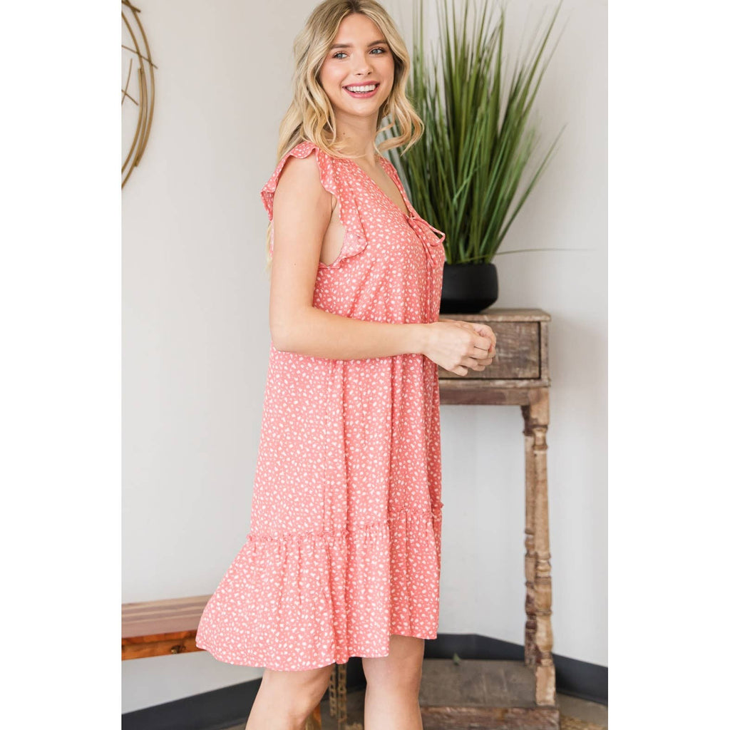 Vintage Ditsy Print Flutter V-Neck Dress-Coral: Coral SMALL
