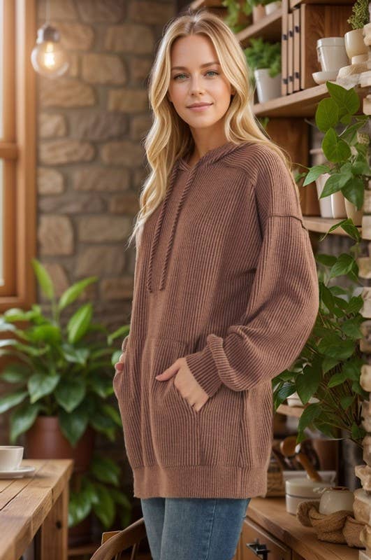 ET7964-10 LONG SLEEVE BRUSHED URBAN RIB HOODIE TOP: ROSE / 2-2-2 (S-M-L)