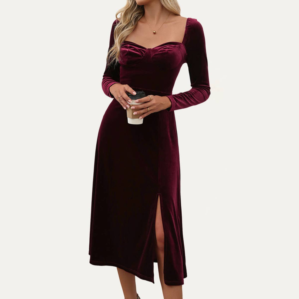 Holiday-Essential Wine-Red Velvet Sweetheart Neck Maxi Dress: Wine Red / S
