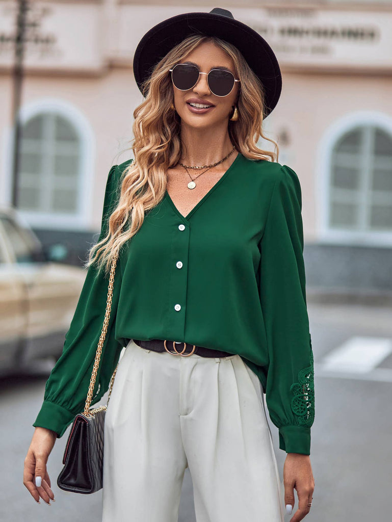 Lace Detail V Neck Button Down Blouse SZ2-TP54399: Green / S