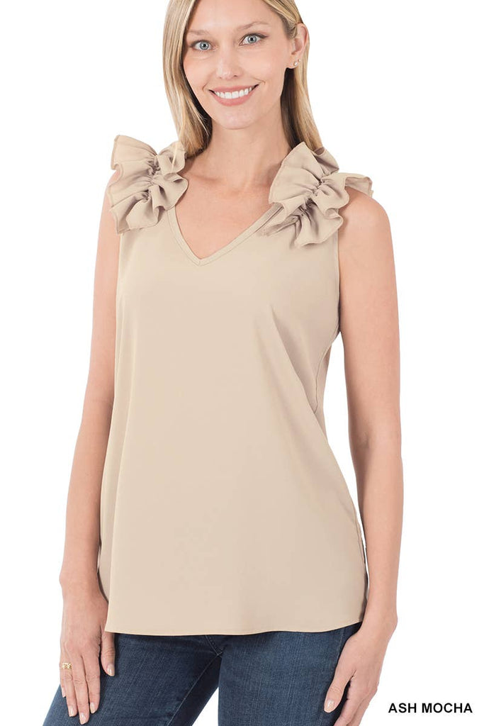",,,,,...RUFFLE TRIM SLEEVELESS TOP: ASH MOCHA-118024 / L