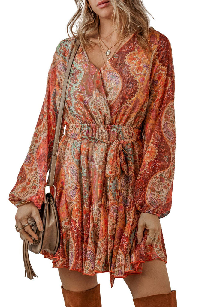 Boho Paisley Long Sleeve Mini Dress: Orange /