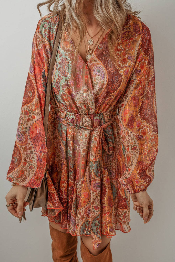 Boho Paisley Long Sleeve Mini Dress: Orange /