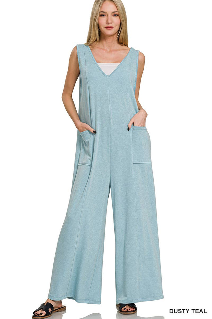 ..SI-27445 French Terry Deep V Neck Jumpsuit w/ Pockets: DK PINK-178569 / L