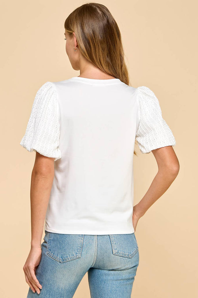 Solid Top with Contrast Puffed Sleeves: Ivory / S