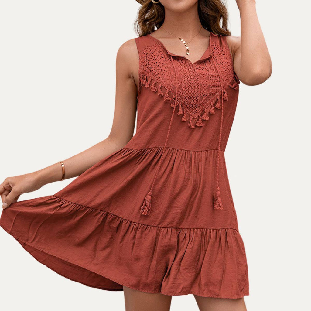 Delicate Boho-Style Embroidered Lace Fringe Mini Dress: KHAKI / S