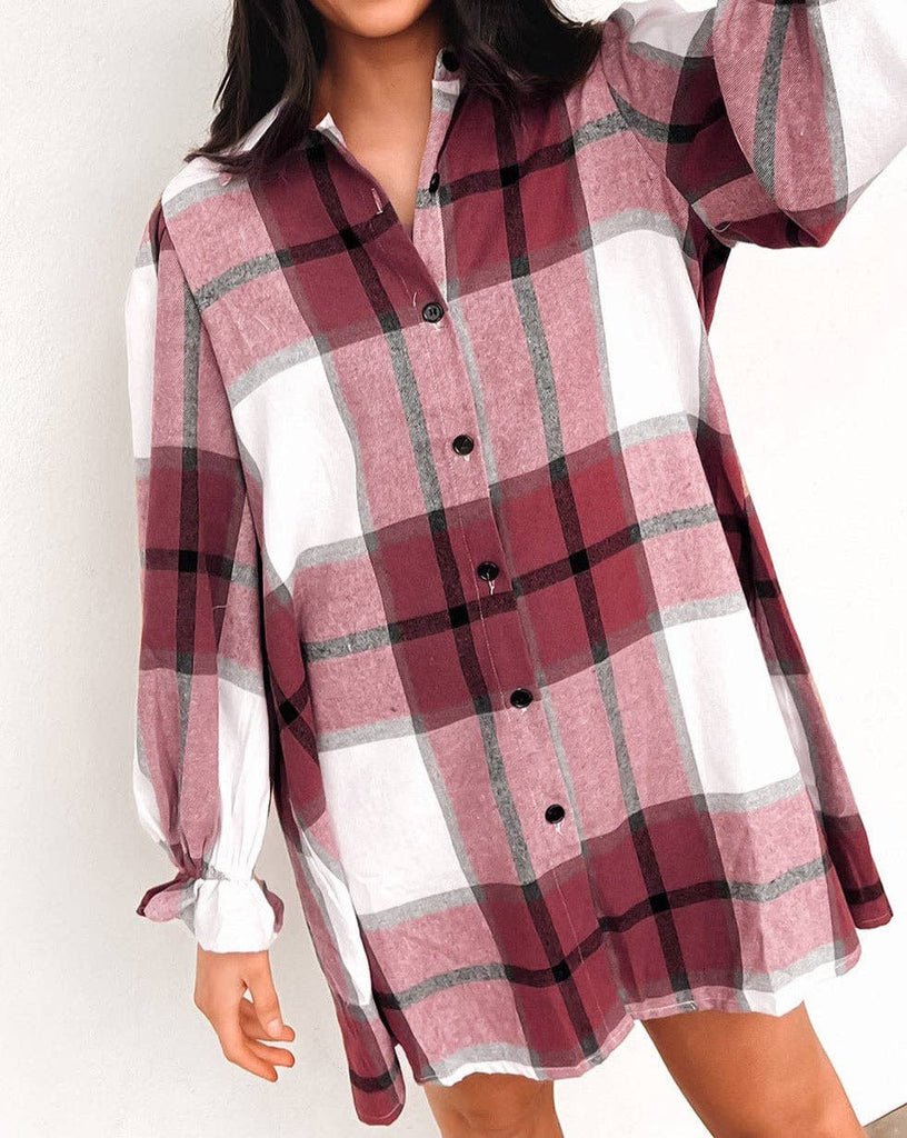 Plaid Puff Sleeve Shirt Dress: Khaki / 65%Polyester+35%Cotton /